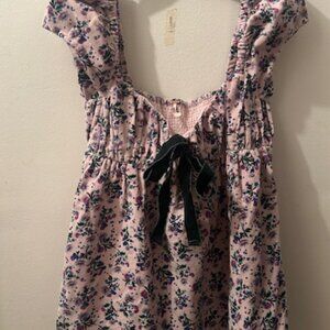 Free People Pink Floral Top with Black Bow